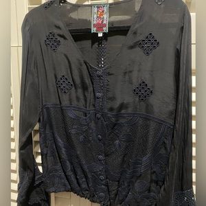 Johnny Was Embroidered Black Navy Cupra Rayon Blouse Small